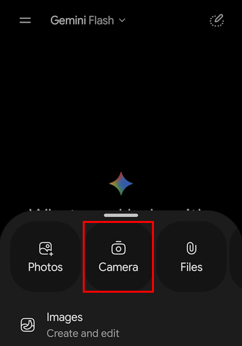 Google Gemini select camera Google Gemini attachment menu showing Camera option