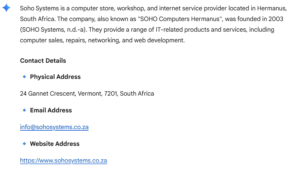Rich Snippet Search Results for SOHO Systems on Google Gemini